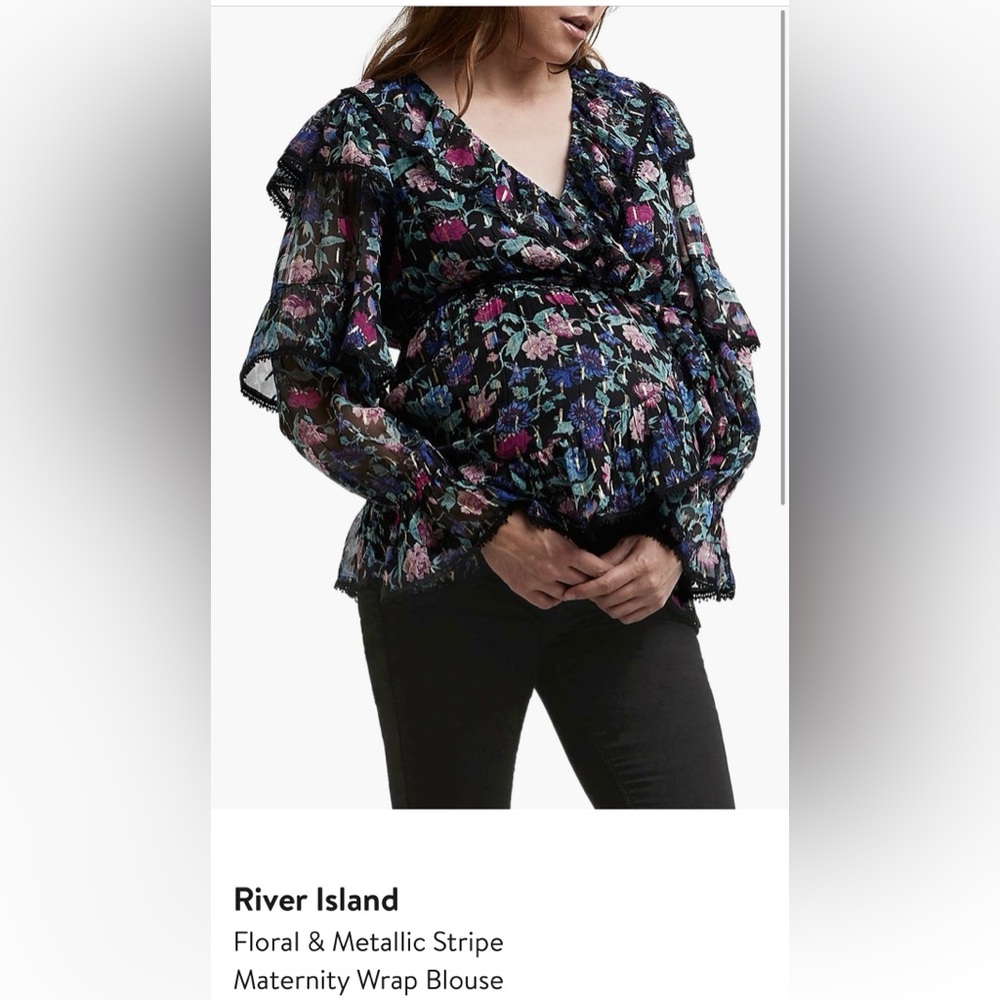 Black Floral Maternity Blouse with Pink & Blue Flowers